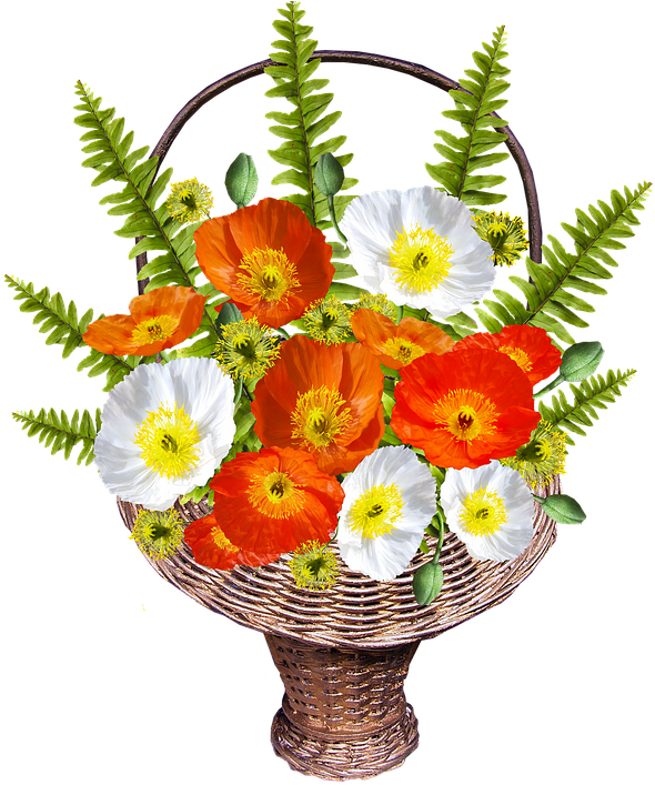 Basket, Poppies, Iceland, Ferns - Bouquet (593x720), Png Download