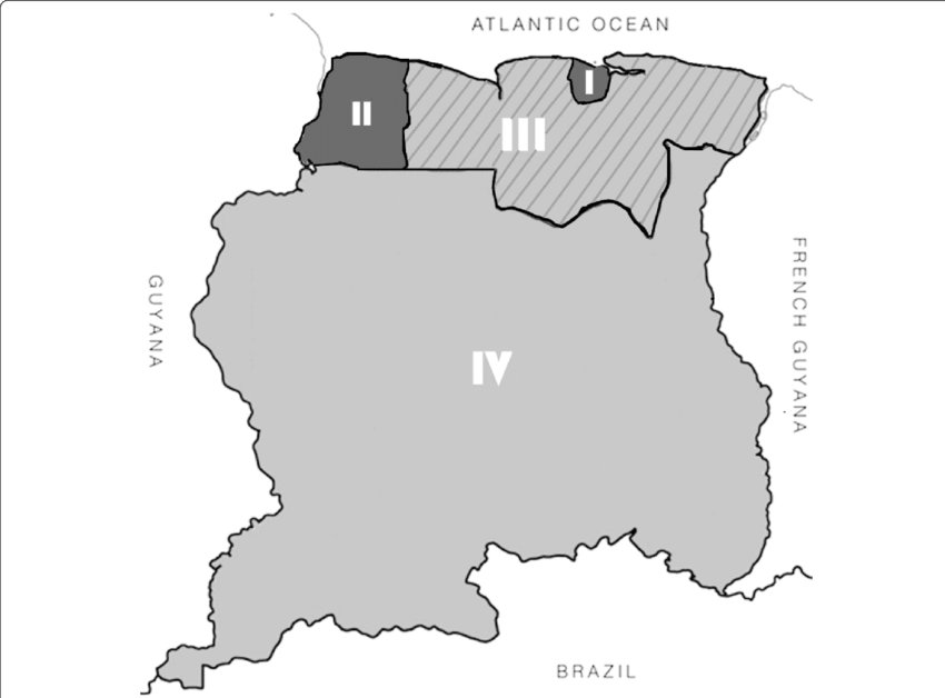 Map Of Suriname Divided In The Urban , Rural Coastal - Illustration (850x628), Png Download