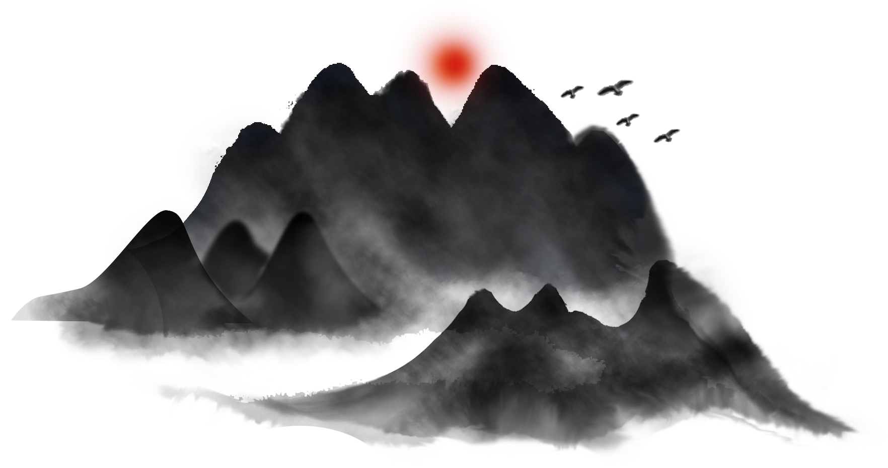 Chinese Style Ink Mountain Bird Landscape Painting - Landscape Painting (2000x2000), Png Download