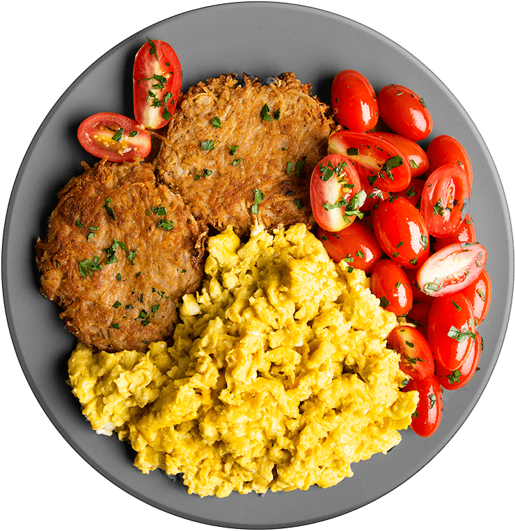 Athlete Scrambled Eggs With Potato Latke - Schnitzel (800x800), Png Download