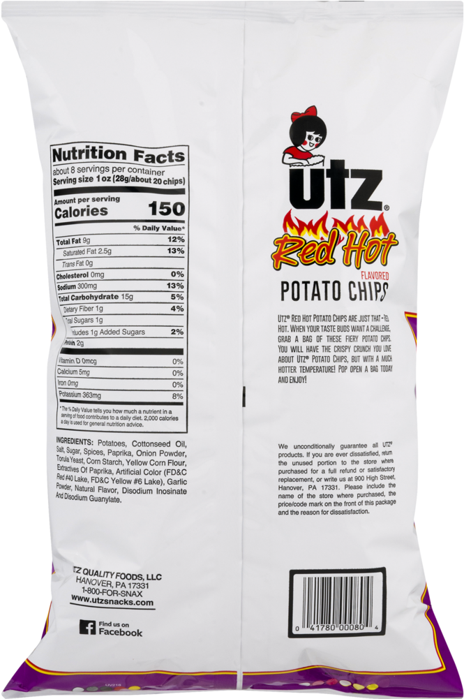 Utz Potato Chips, Red Hot - Hot Utz Potato Chips Nutrition Facts (1000x1000), Png Download