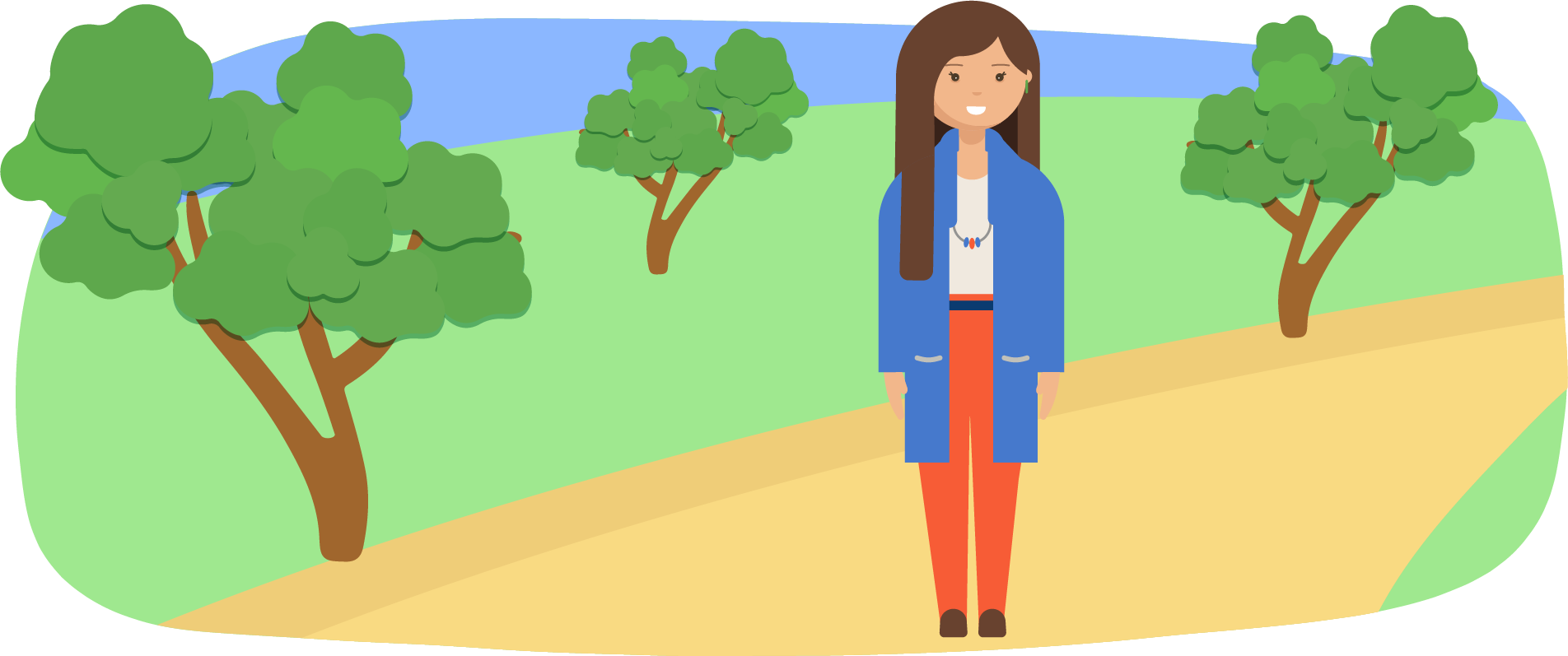 Woman Standing On A Path In A Park - Cartoon (1904x797), Png Download