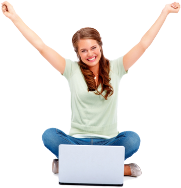 Share This Article - Girl Happy Using Laptop Png (525x551), Png Download