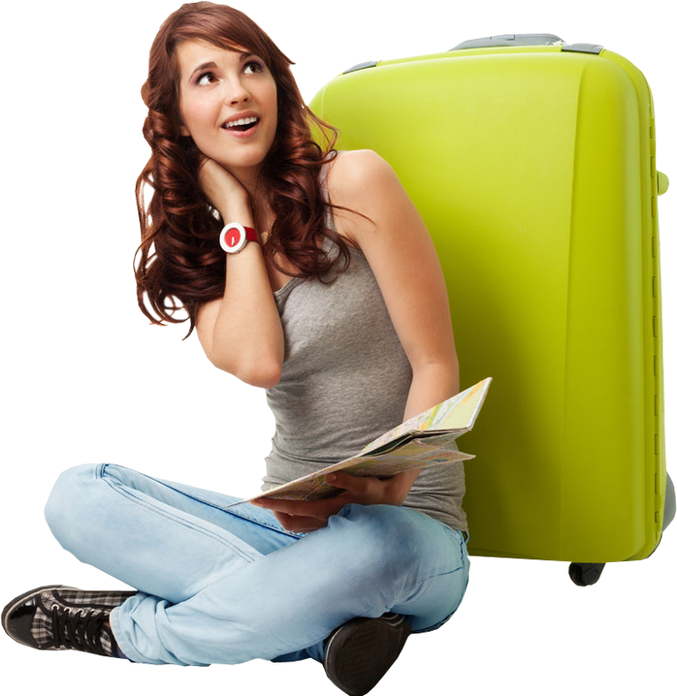 Woman Sitting Beside Her Travel Bag And Holding The - Tourist Woman Png (800x780), Png Download