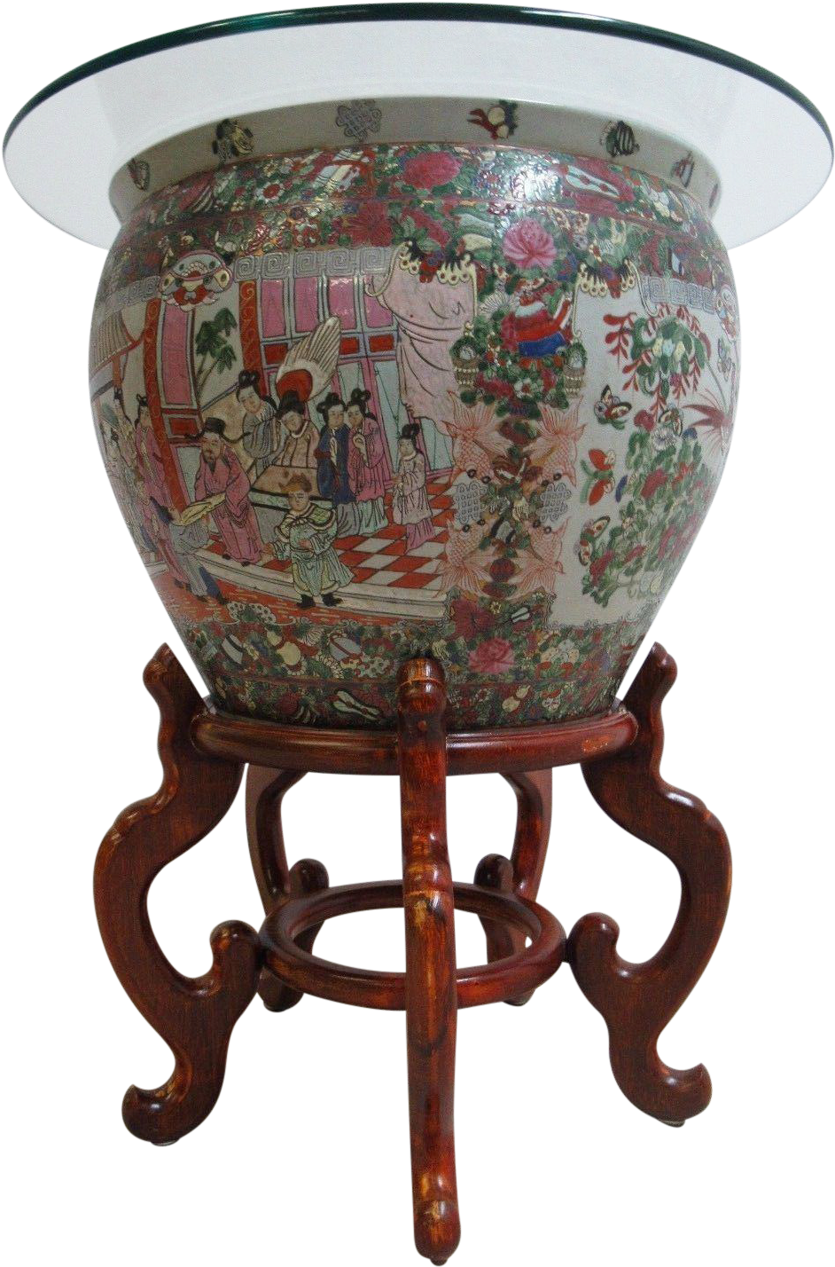 Vintage Asian Pottery Fish Bowl Stand Lamp End Table (1046x1586), Png Download