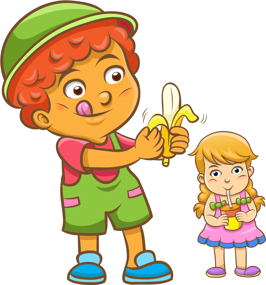 Juice Child Eating Cartoon Illustration - Children Eating Cartoon (884x946), Png Download