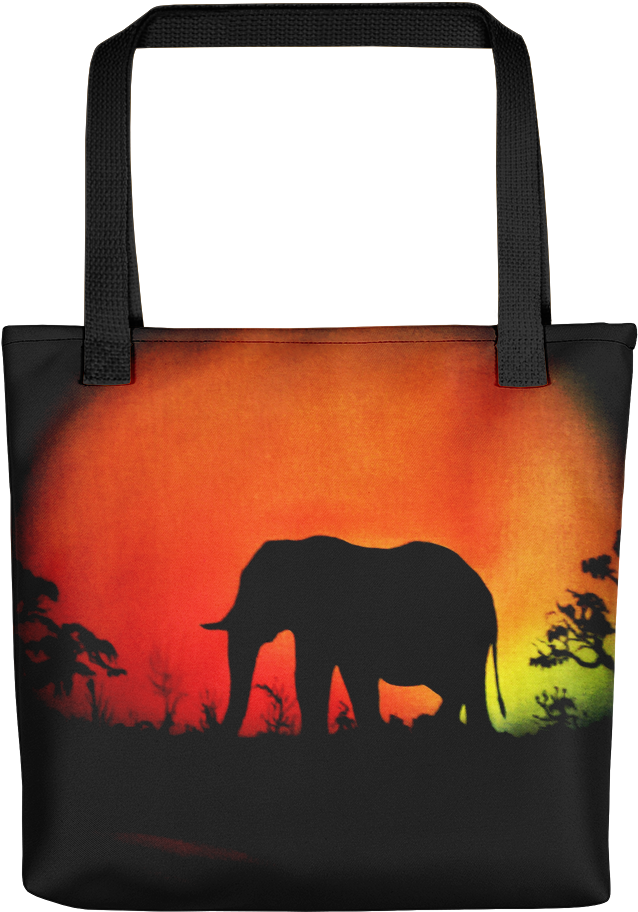 Elephant At Sunset Tote Bag Silhouette Design With - Tote Bag (1000x1000), Png Download