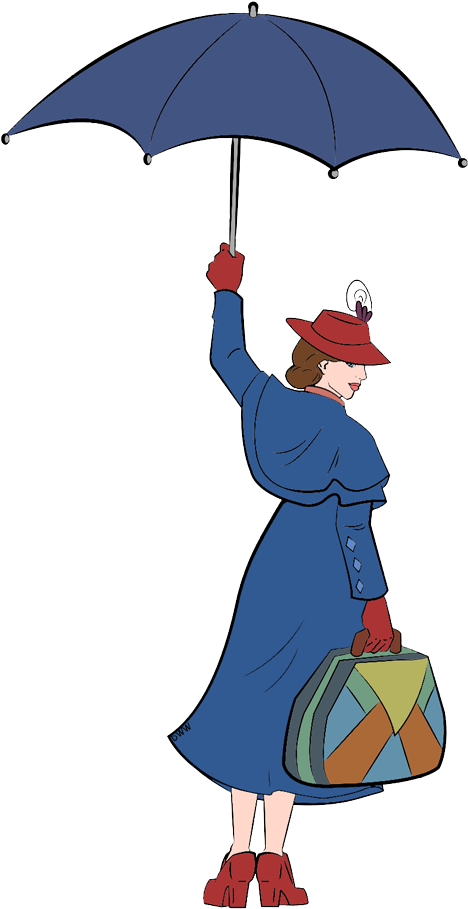 Mary Poppins Flying With Umbrella And Suitcase - Cartoon (474x913), Png Download