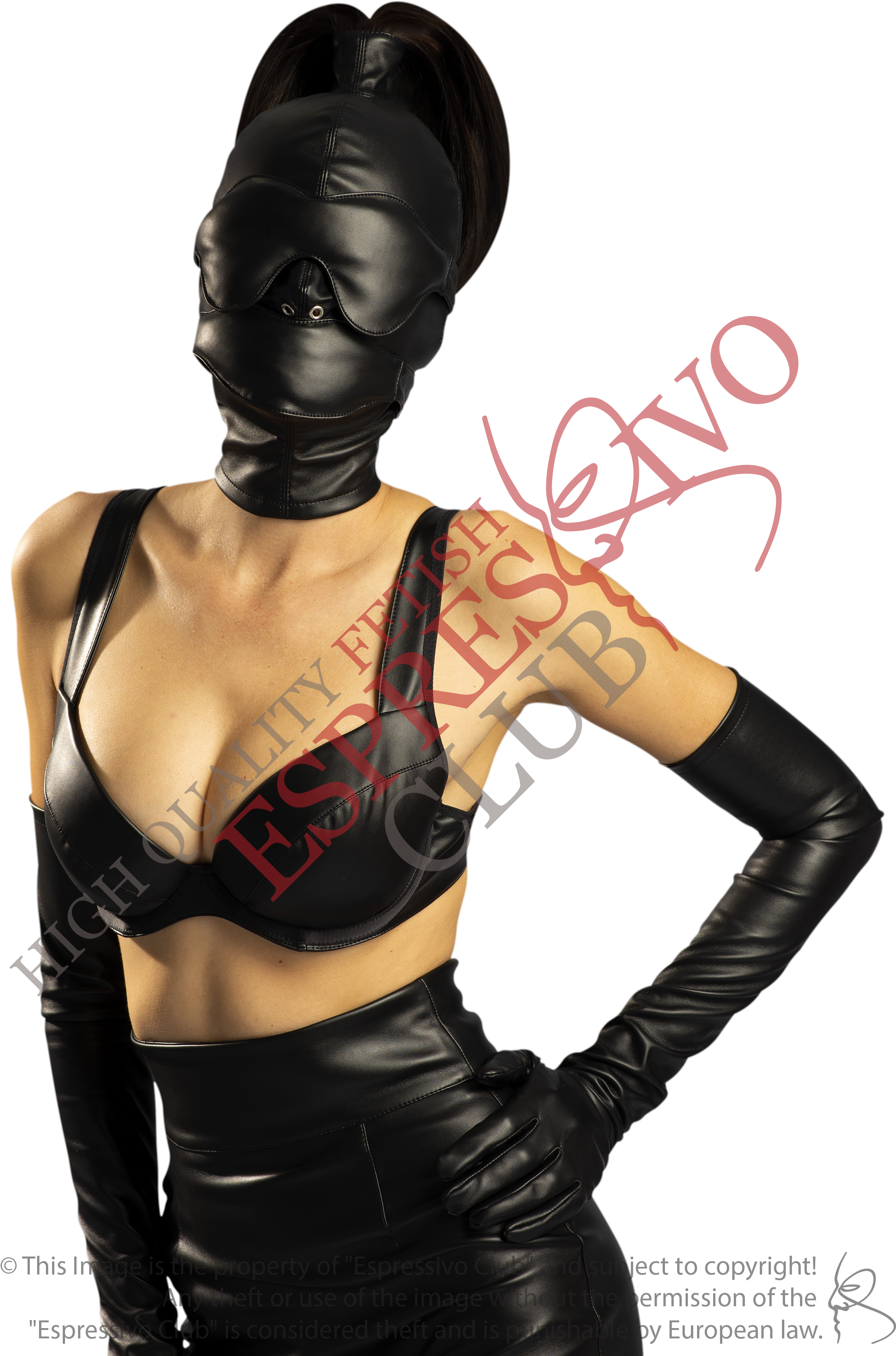 Leather Ponytail Hood Soft Blindfold & Muffle Gag - Latex Clothing (2400x3595), Png Download
