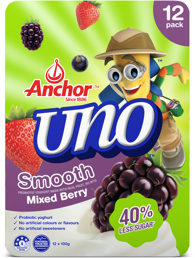 Anchor Uno Mixed Berry Yoghurt 12 X 100g Pack - Soprole (1058x1280), Png Download