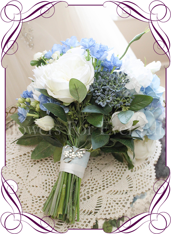 Silk Artificial Bridal Posy Bouquet With Light Blue, - Flower Bouquet (608x822), Png Download