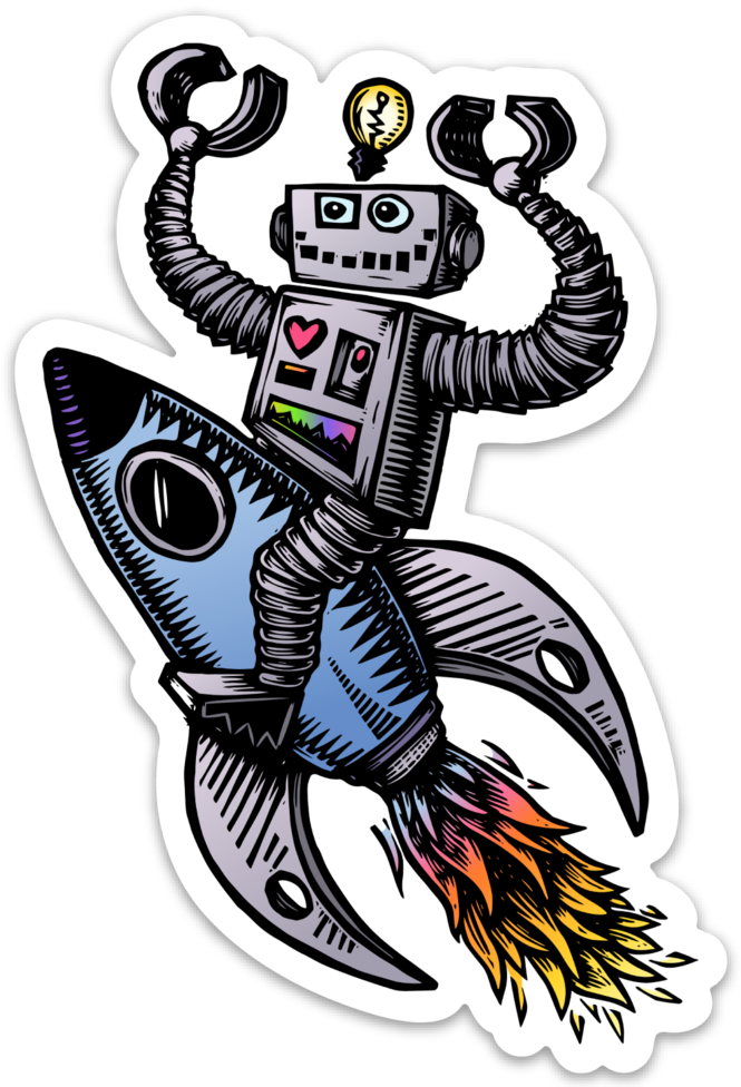 Image Of Robot On A Rocket Ship Sticker (665x976), Png Download