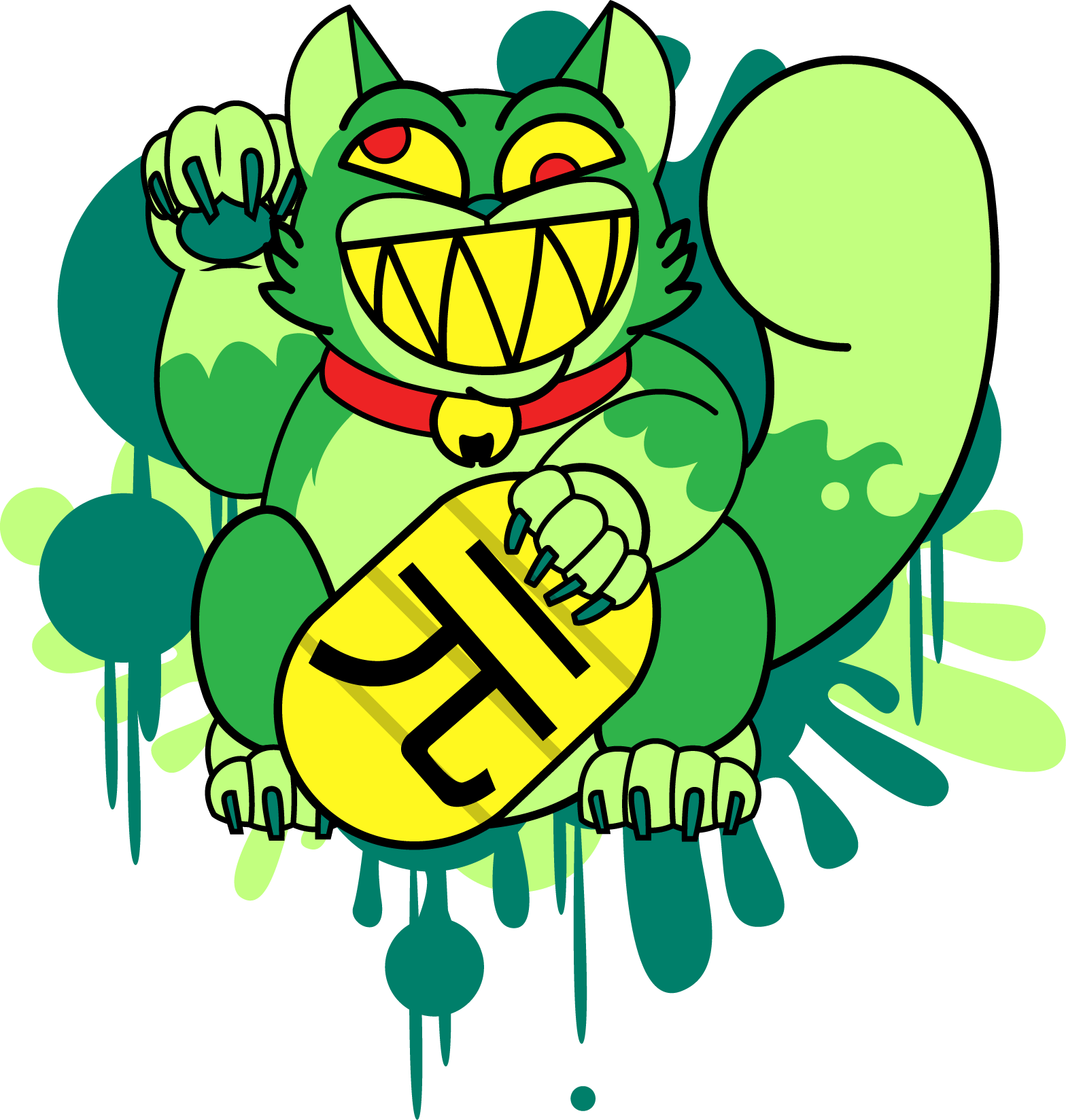 Maneki Neko Tattoo - Green Maneki Neko Art (1568x1648), Png Download