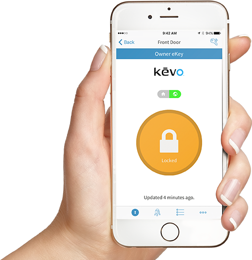 Hand Holding Phone With Kevo App Showing Active Ekeys - Iphone (800x600), Png Download