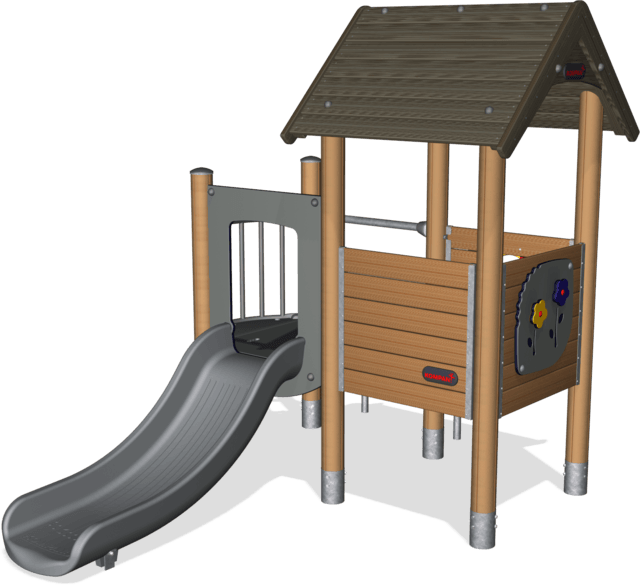 Double Playhouse With Balcony, Wood Posts, Plastic - Playground Slide (640x585), Png Download