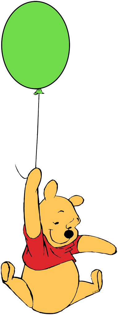 Pooh Cheering Floating From A Green Balloon - Winnie The Pooh Holding Balloons (382x1015), Png Download