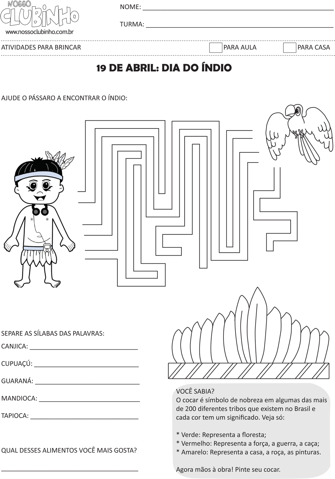 Nosso Clubinho Dia D - Atividades Sobre O Dia Do Indio Alfabetização (1192x1658), Png Download