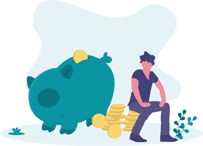 Man Sitting On Giant Gold Coins Next To A Giant Piggy - Saving (696x500), Png Download