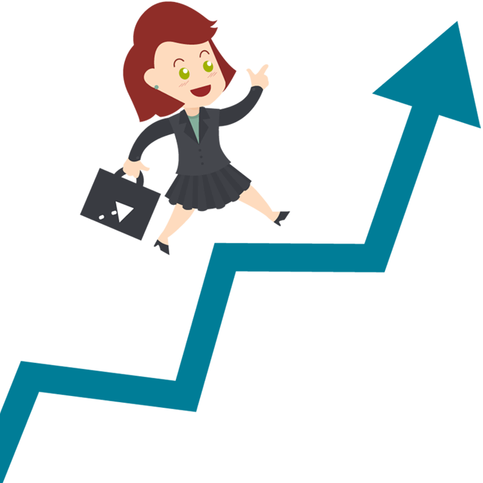 Cartoon Business Woman Walk Up With Blue Stock Arrow (700x700), Png Download