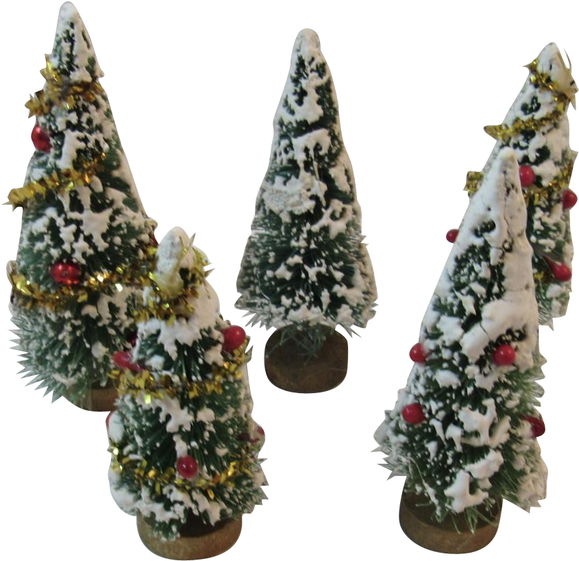 5 Flocked Bottle Brush Trees Tinsel Berries And Mercury - Christmas Tree (844x844), Png Download