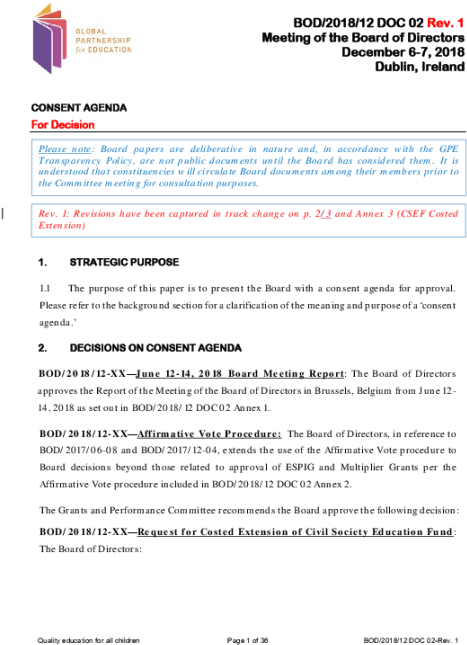 Consent Agenda For Board Of Directors' Meeting - Global Partnership For Education (550x712), Png Download