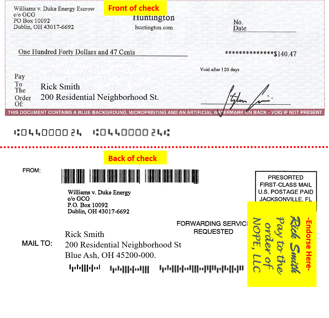 Duke Settlement Check How To Endorse - Document (1103x1064), Png Download
