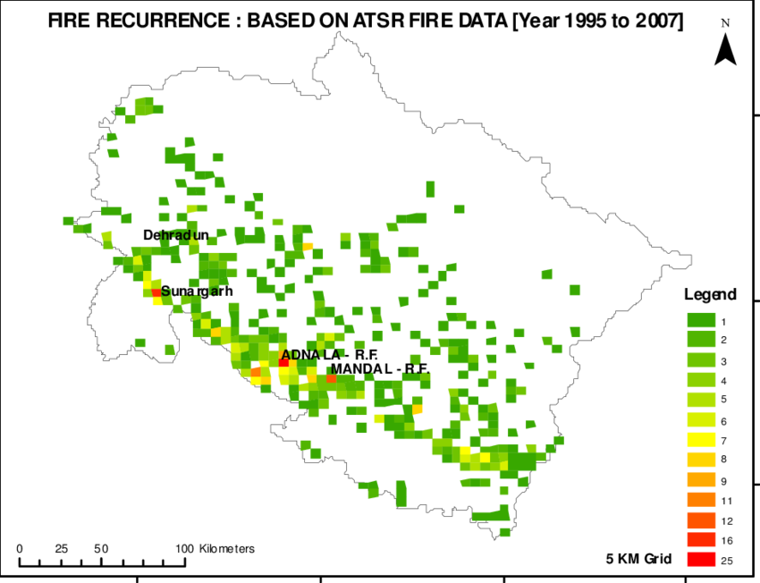 Map Of Reccurrence Of Fire In Uttarakhand State - Map (850x652), Png Download