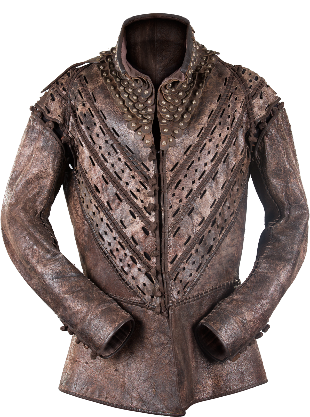 Brown Leather Doublet With Ruffled Collar And Tacks - Leather Doublet (1200x1810), Png Download