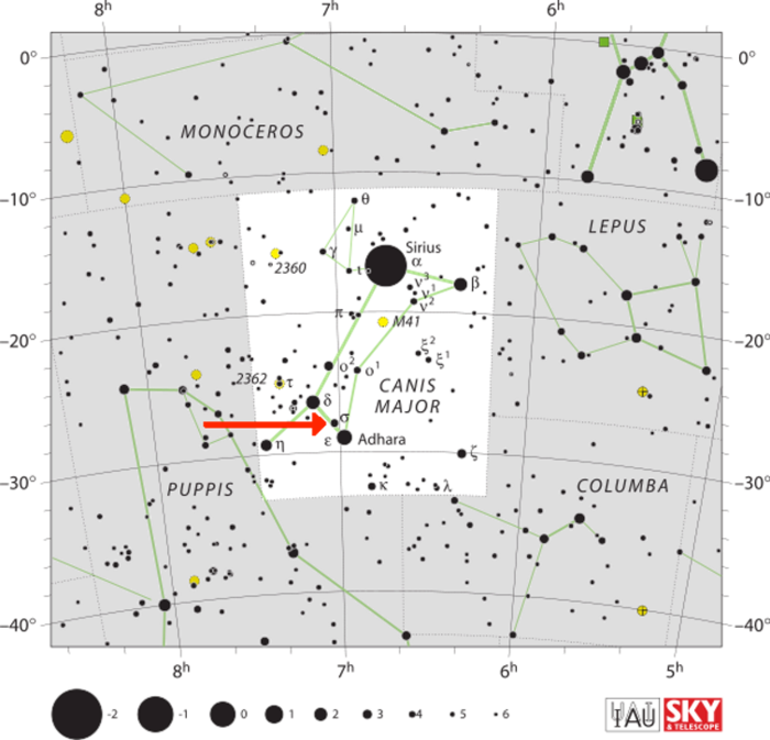Sigma Canis Majoris In The Constellation Canis Major - Sky & Telescope (700x673), Png Download