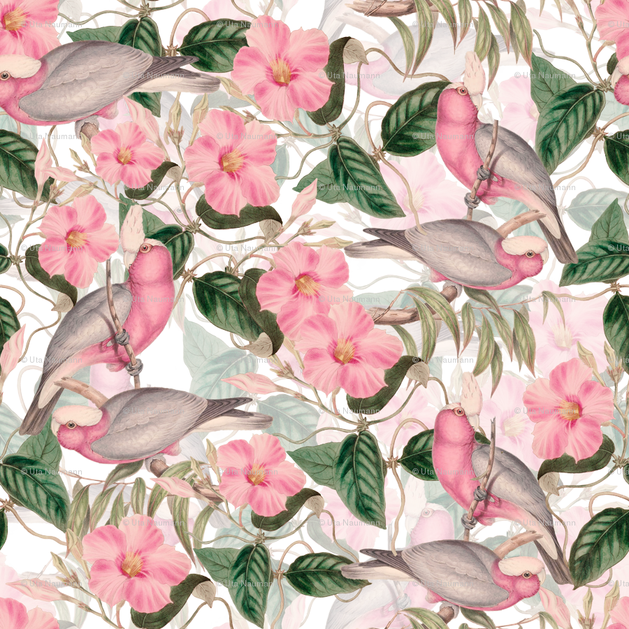 18" Victorian Blush Pink Watercolor Birds And Flowers - Periwinkle (900x900), Png Download