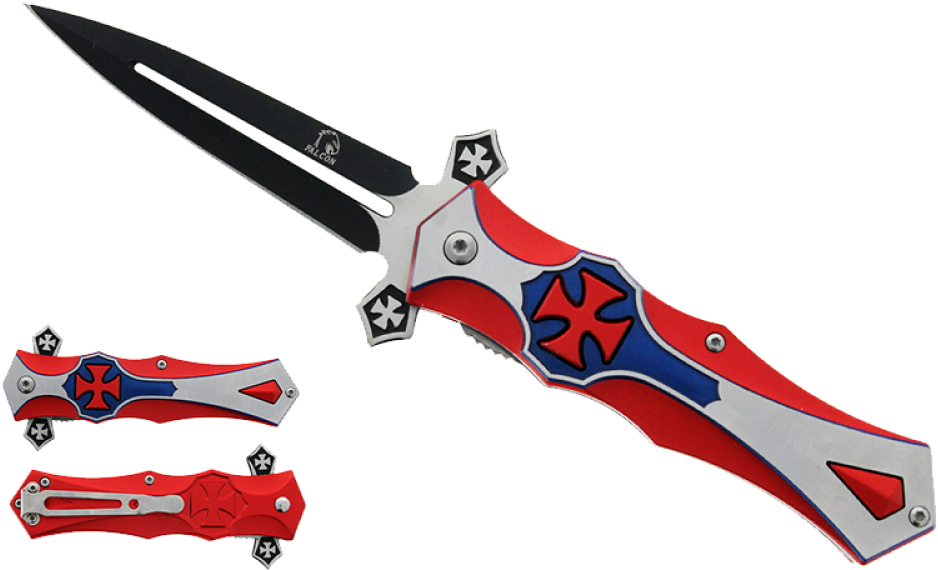 Falcon 8" Spring Assisted Iron Cross Knife Blue - Hunting Knife (1000x1000), Png Download