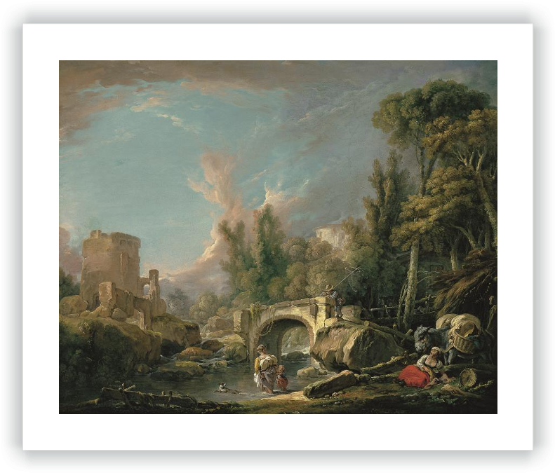 River Landscape With Ruin And Bridge (800x680), Png Download
