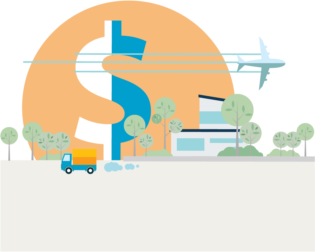 House With Truck, Airplane, Trees And Dollar Sign - Graphic Design (1080x864), Png Download