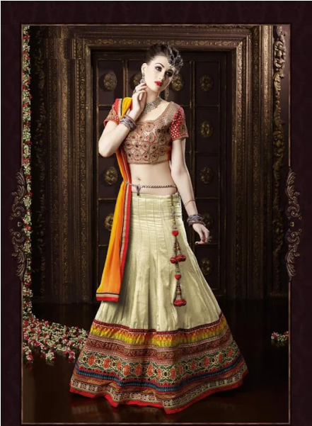 Astounding Cream Patch Border Work Banarasi Silk A - Chiffon Lehenga Choli Online (900x600), Png Download
