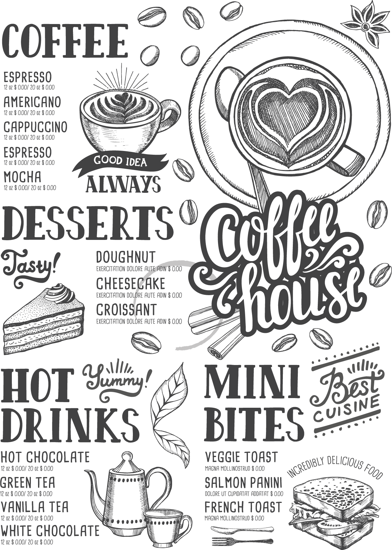 Jpg Black And White Coffee Tea Cafe Hamburger Shop - Menu Coffee Free Vector Download (1257x1763), Png Download
