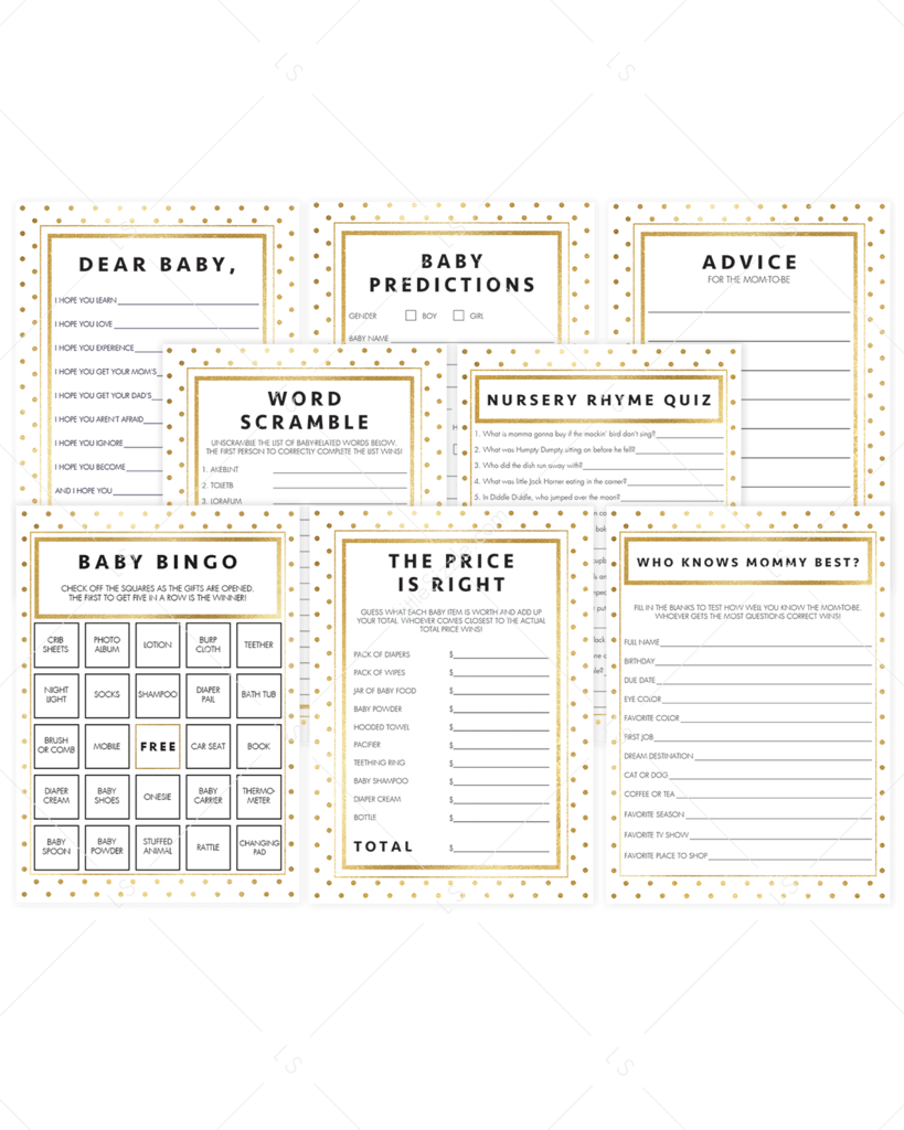 Gold Baby Shower Games Bundle Printables By Littlesizzle - Paper (819x1024), Png Download