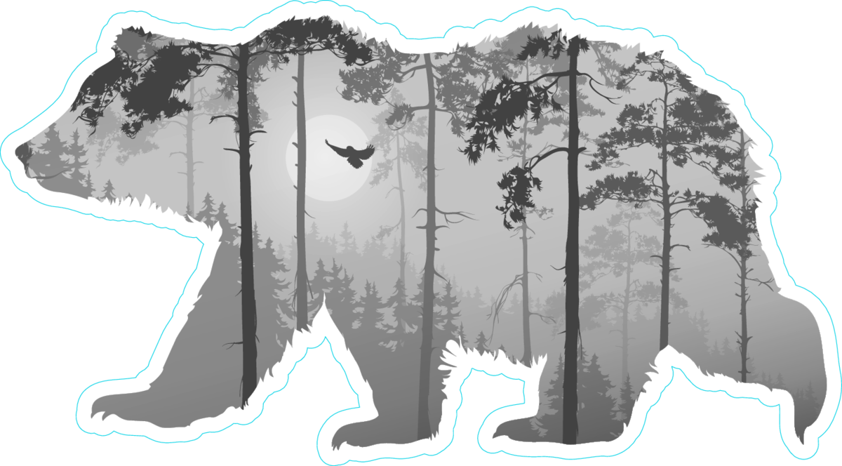 Forest With A Flying Owl In Bear Silhouette Sticker - Sort Hvid Plakat (1200x664), Png Download