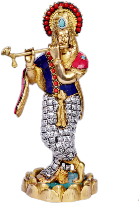 Krishna With Silver Stone Work Brass 11" Inches - Statue (600x800), Png Download