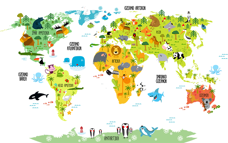 Vinilo Habitación Infantil Mundo Animales Euskera - World Map For Kids (800x503), Png Download