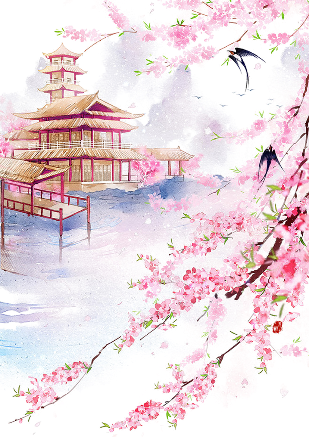Drawing Chinese Watercolor - Cherry Blossom Bridge Landscape Drawings (1500x1500), Png Download