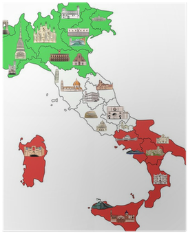 Map Of Italy With Sights In Watercolor Poster • Pixers® - Italy Map With Landmarks (400x400), Png Download