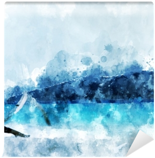 Sand Beach At The Island, Blue Water In The Sea, Digital - Painting (400x400), Png Download