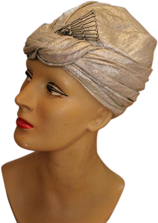 Vintage Art Deco 20s/30s Gold Lame' Turban Hat W/rhinestone - Headpiece (735x735), Png Download