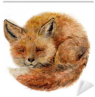 Watercolor Cute Sleepy Fox Isolated On White - Black Forest Decor Baby Fox Indoor/outdoor Pillow (400x400), Png Download