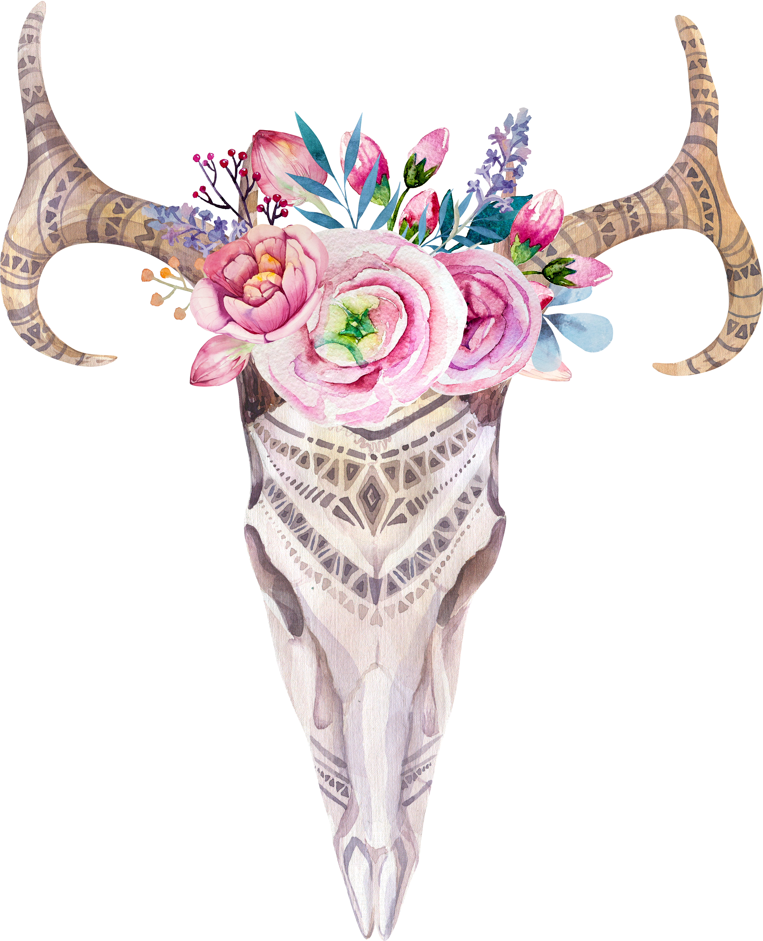 Jpg Free Library Chic Skull Watercolor Painting - Bohemian Deer (3181x3924), Png Download