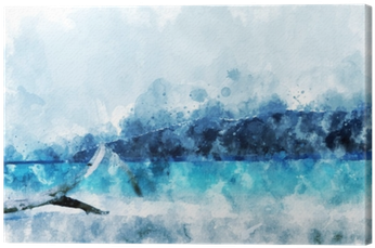 Sand Beach At The Island, Blue Water In The Sea, Digital - Watercolor Painting (400x400), Png Download