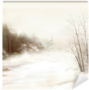 Winter River Birds Watercolor Landscape In Mist Wall - Watercolor Painting (400x400), Png Download