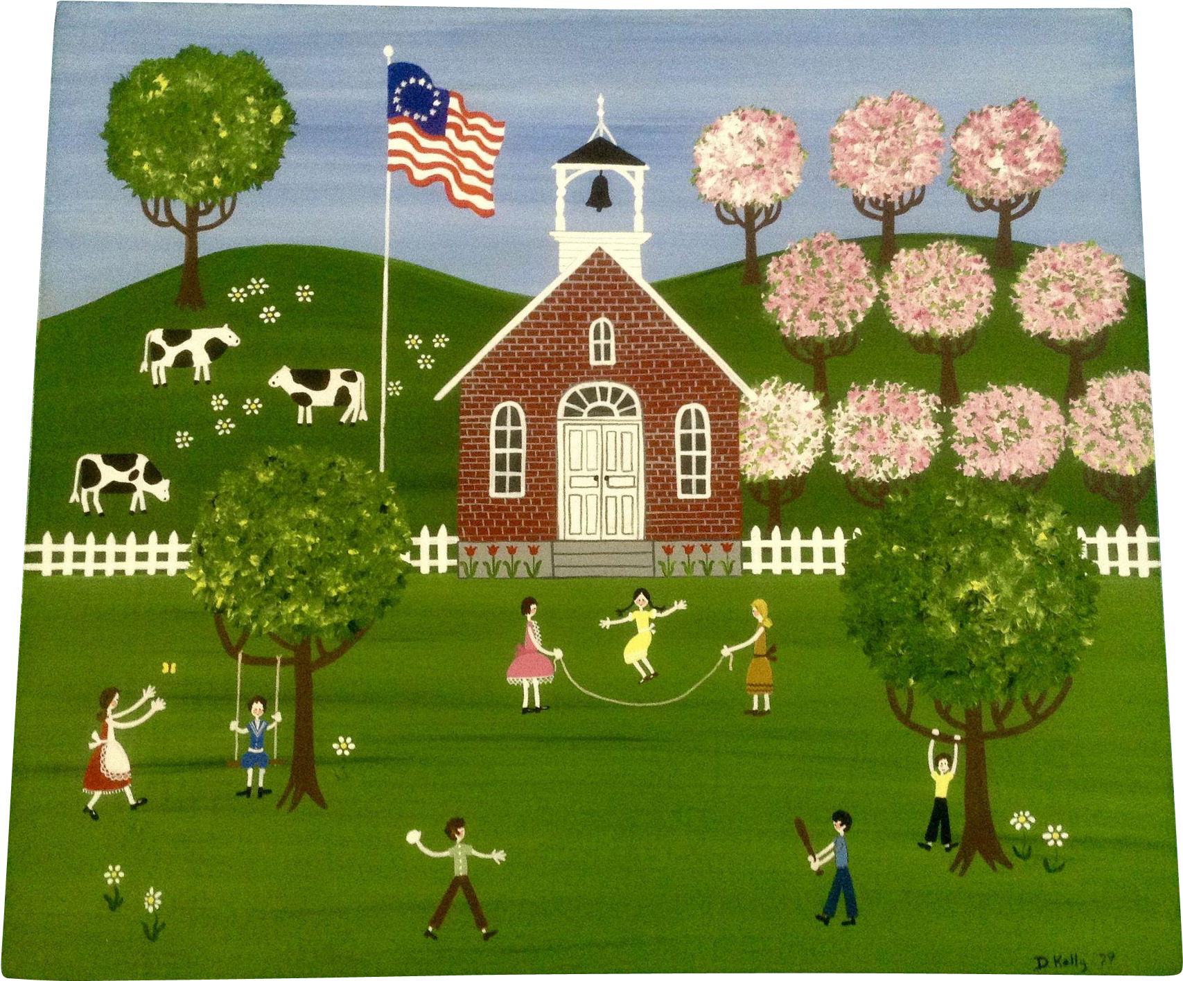 D Kelly, Folk Art Painting Of Children Playing In A - Folk Art School (1706x1706), Png Download
