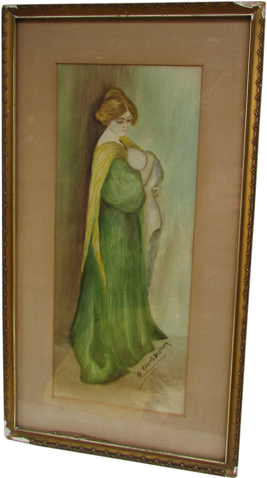 Vintage Watercolor Painting Titled 'young Mother' Framed - Watercolor Painting (1621x1621), Png Download
