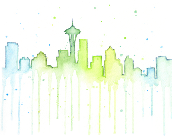 Skyline Watercolor By Olga Shvartsur - Watercolor Seattle Skyline Painting (600x492), Png Download